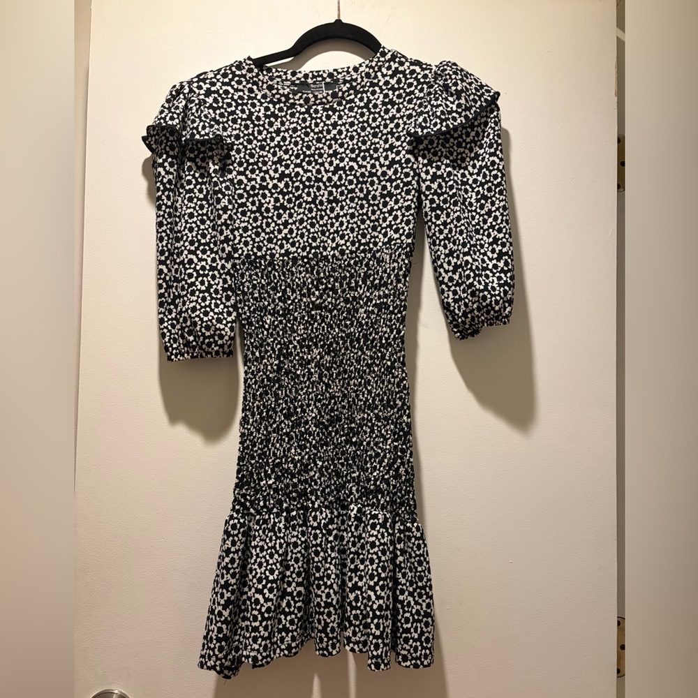 Bershka Black & White Floral Smocked Midi Dress